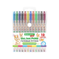 Ручки гелевые КЛАССИЧЕСКИЕ BRAUBERG KIDS "CUTE ANIMALS", НАБОР 12 ЦВЕТОВ, корпус с печатью, узел 1 мм, линия письма 0,7 мм, 144445